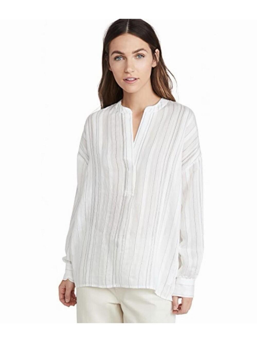 Vince Drapey Stripe V-Neck Long Sleeve Blouse in Optic White Size L Minimal